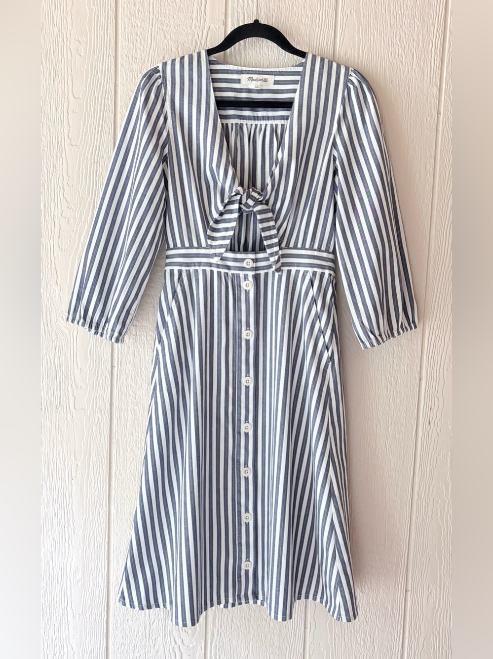 Madewell Coastal Striped Midi Dress Blue White Size 4 Tie Front Buttons